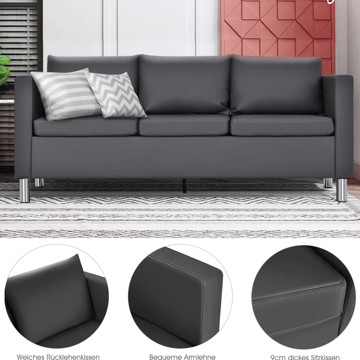 3-Sitzer Modernes Sofa Wohnzimmersofa Ecksofa Couchgarnitur Grau