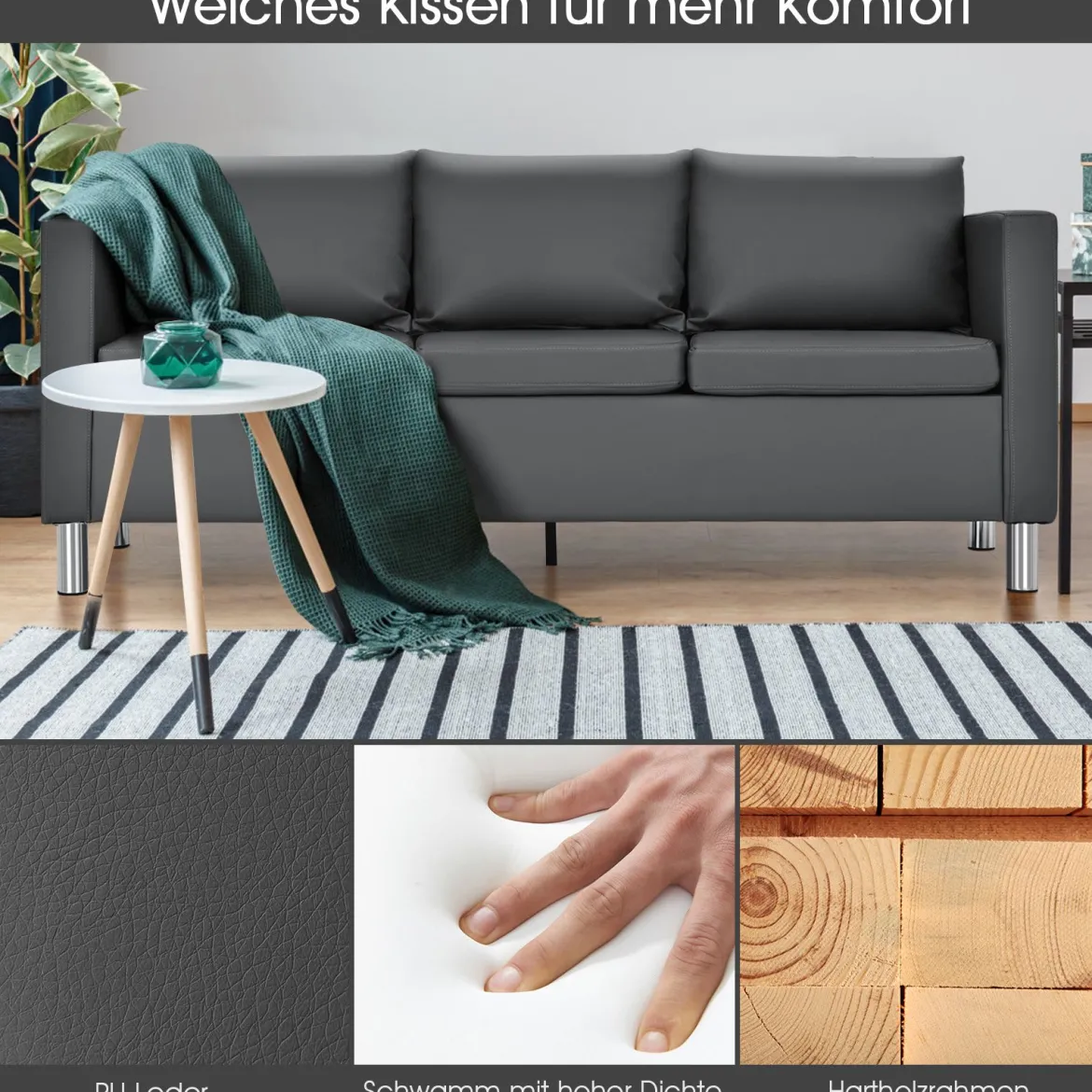 3-Sitzer Modernes Sofa Wohnzimmersofa Ecksofa Couchgarnitur Grau