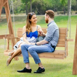 2-Sitzer Schaukelbank aus Holz bis 240 kg belastbar Gartenschaukel mit Getränkehaltern Natur