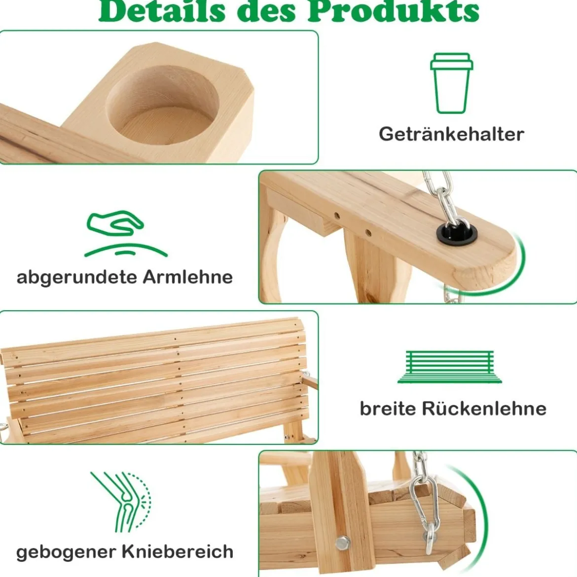 2-Sitzer Schaukelbank aus Holz bis 240 kg belastbar Gartenschaukel mit Getränkehaltern Natur