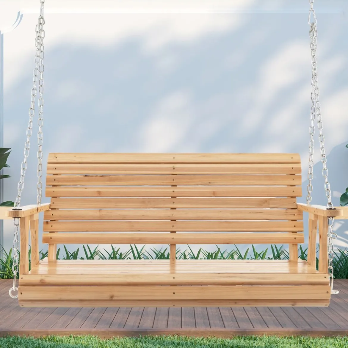 2-Sitzer Schaukelbank aus Holz bis 240 kg belastbar Gartenschaukel mit Getränkehaltern Natur