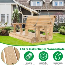 2-Sitzer Schaukelbank aus Holz bis 240 kg belastbar Gartenschaukel mit Getränkehaltern Natur
