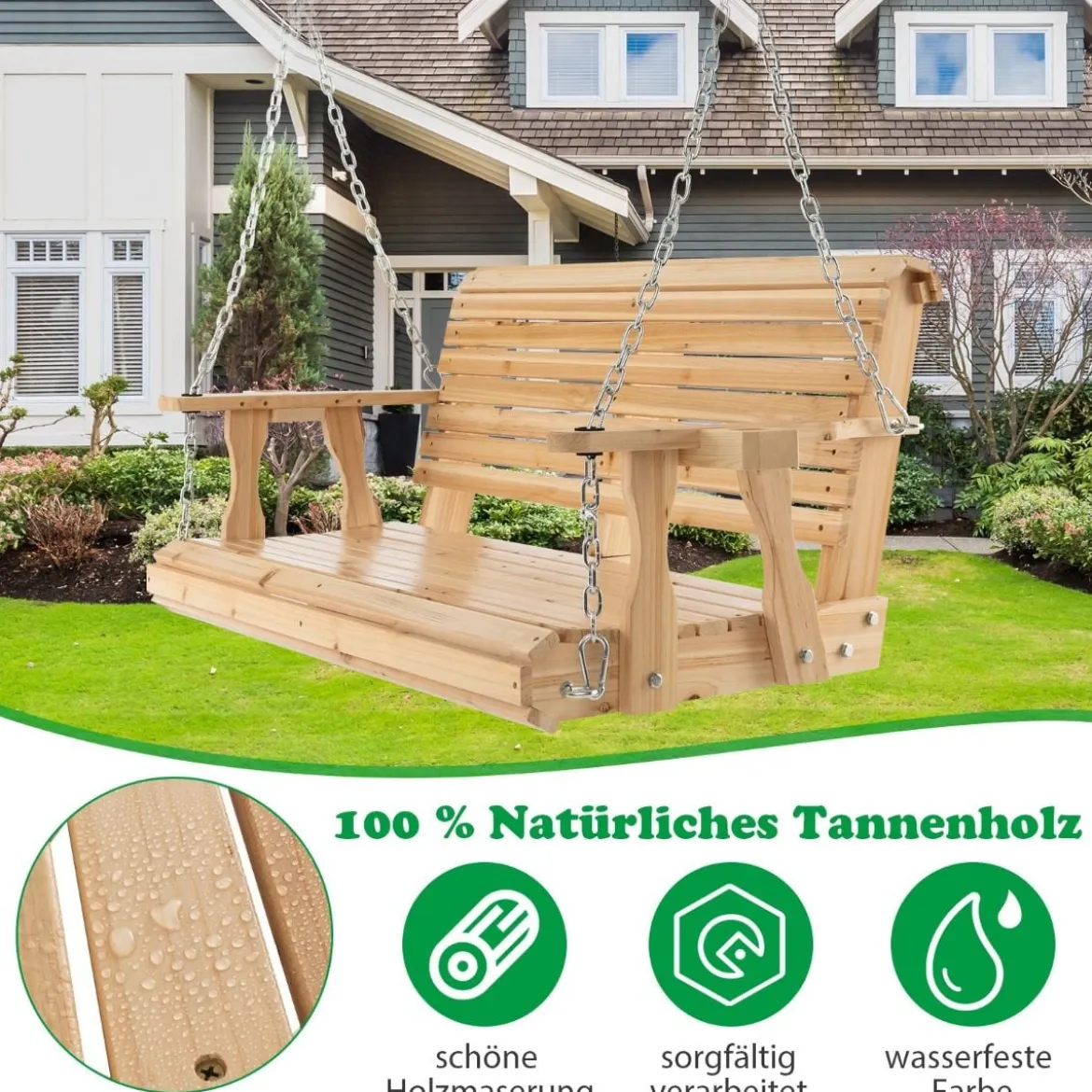 2-Sitzer Schaukelbank aus Holz bis 240 kg belastbar Gartenschaukel mit Getränkehaltern Natur
