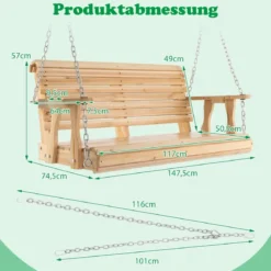 2-Sitzer Schaukelbank aus Holz bis 240 kg belastbar Gartenschaukel mit Getränkehaltern Natur