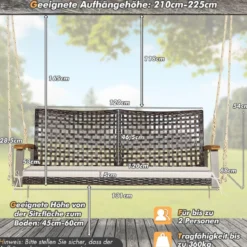 2-Sitzer Schaukelbank mit Kissen PE-Rattan Hängebank bis 360 kg Gartenschaukel Weiß