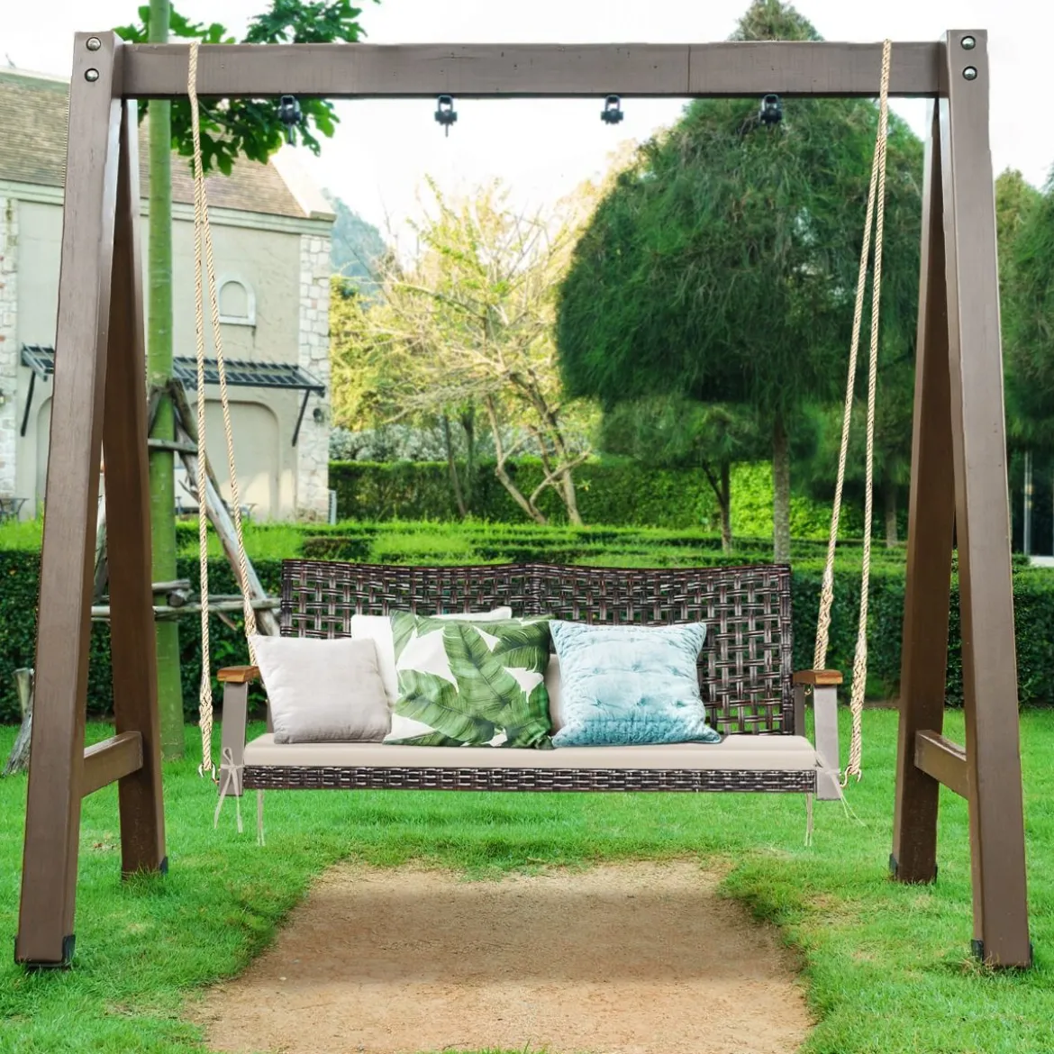 2-Sitzer Schaukelbank mit Kissen PE-Rattan Hängebank bis 360 kg Gartenschaukel Weiß