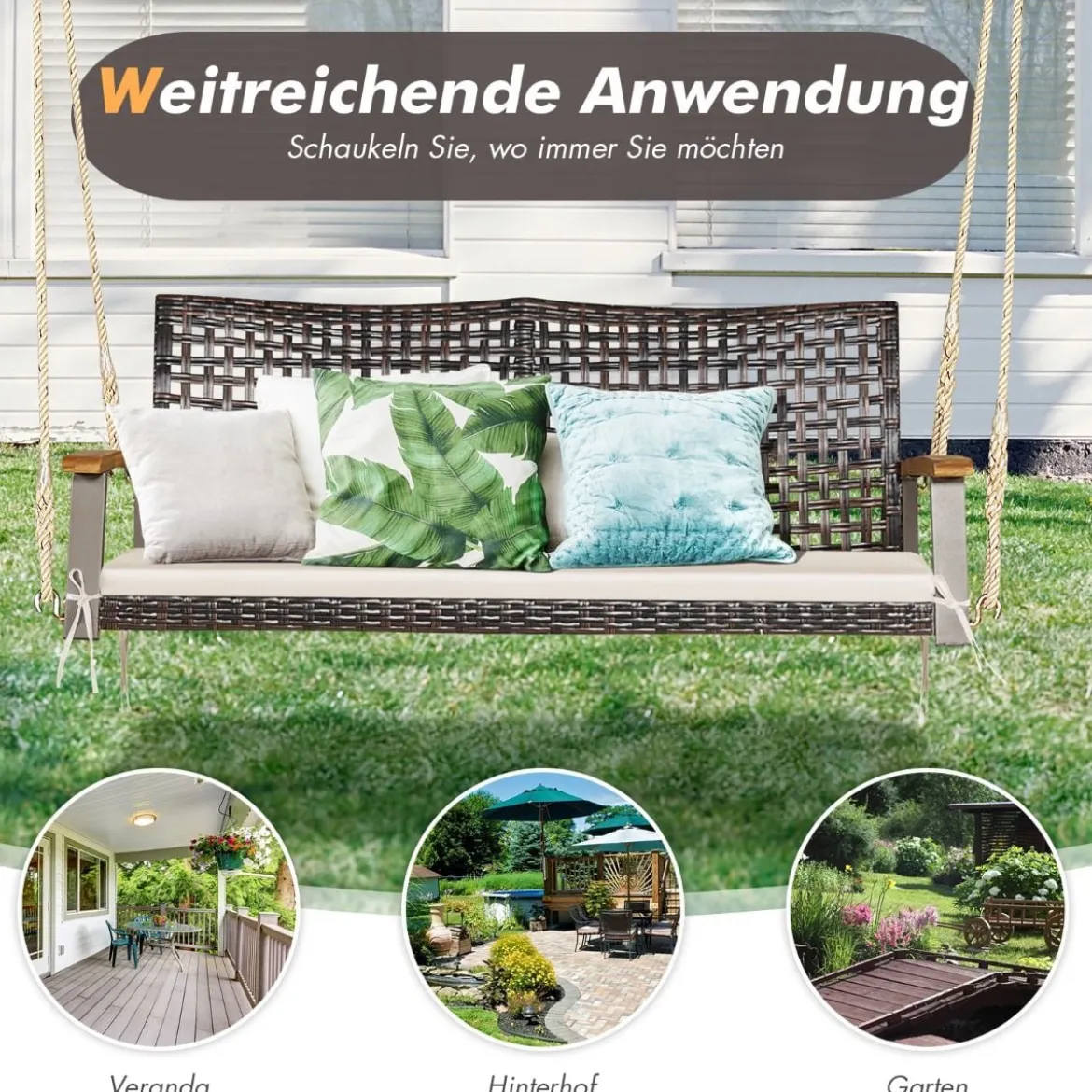 2-Sitzer Schaukelbank mit Kissen PE-Rattan Hängebank bis 360 kg Gartenschaukel Weiß