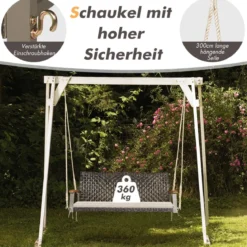 2-Sitzer Schaukelbank mit Kissen PE-Rattan Hängebank bis 360 kg Gartenschaukel Weiß