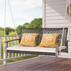 2-Sitzer Schaukelbank mit Kissen PE-Rattan Hängebank bis 360 kg Gartenschaukel Weiß