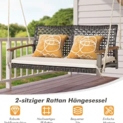 2-Sitzer Schaukelbank mit Kissen PE-Rattan Hängebank bis 360 kg Gartenschaukel Weiß