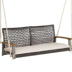 2-Sitzer Schaukelbank mit Kissen PE-Rattan Hängebank bis 360 kg Gartenschaukel Weiß