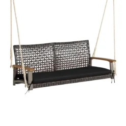 2-Sitzer Schaukelbank mit Kissen PE-Rattan Hängebank bis 360 kg Gartenschaukel Schwarz