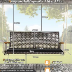 2-Sitzer Schaukelbank mit Kissen PE-Rattan Hängebank bis 360 kg Gartenschaukel Schwarz