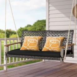 2-Sitzer Schaukelbank mit Kissen PE-Rattan Hängebank bis 360 kg Gartenschaukel Schwarz