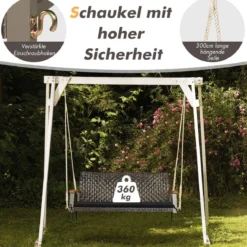 2-Sitzer Schaukelbank mit Kissen PE-Rattan Hängebank bis 360 kg Gartenschaukel Schwarz