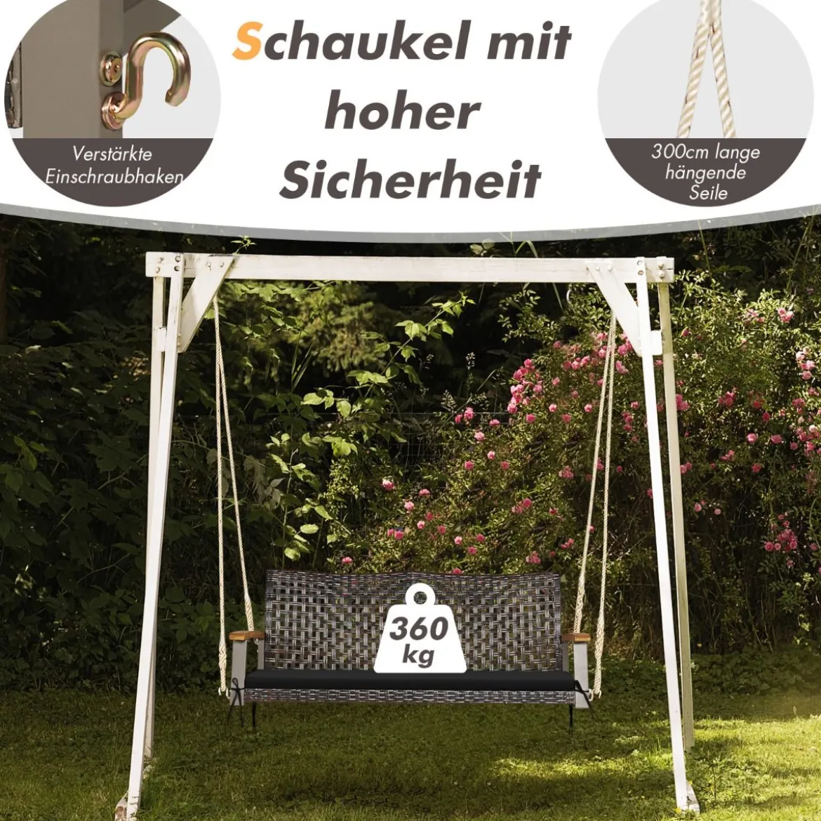 2-Sitzer Schaukelbank mit Kissen PE-Rattan Hängebank bis 360 kg Gartenschaukel Schwarz