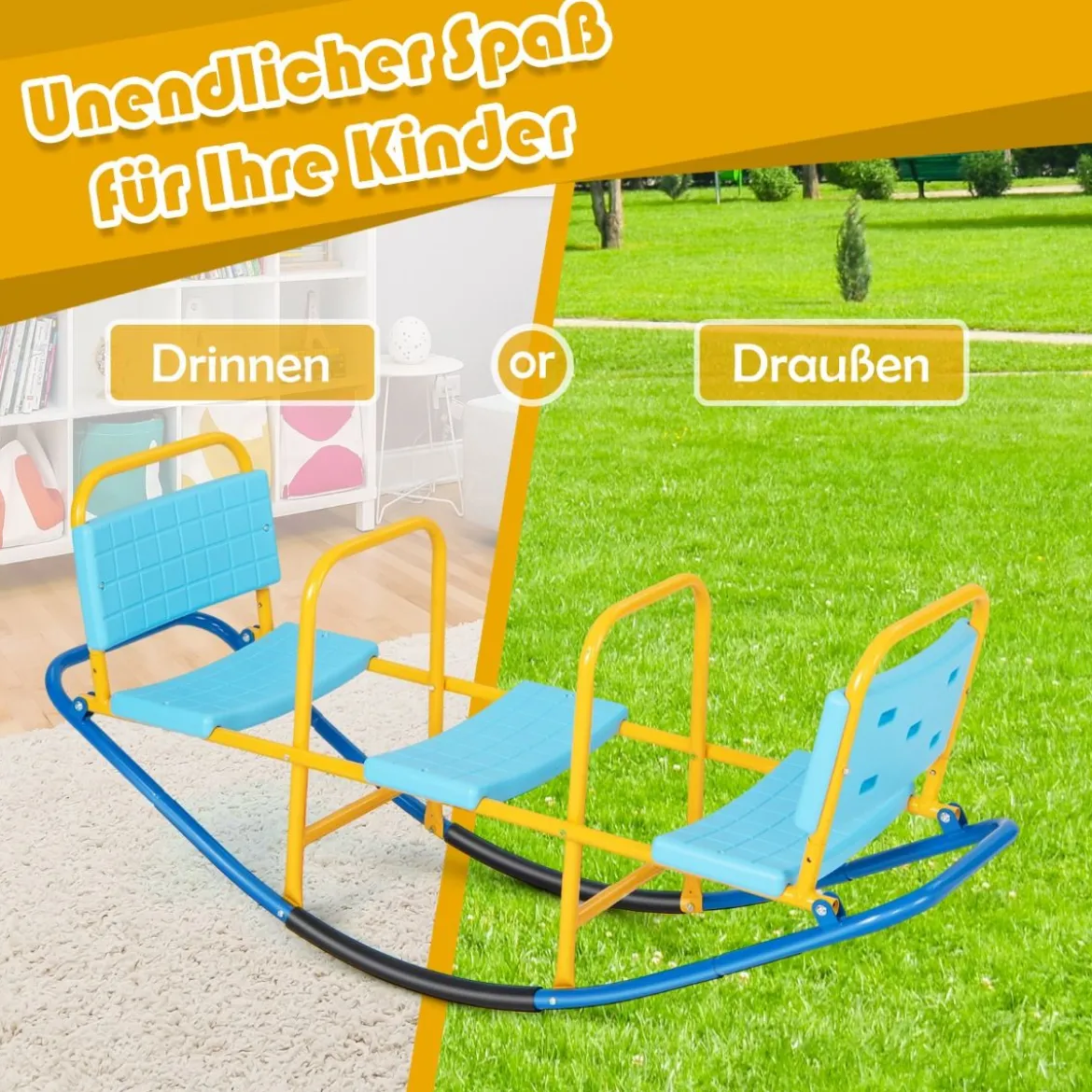 3 Sitzer Schaukelwippe Gartenwippe mit Griffen Kinder Wippe bis 100 kg Belastbar Blau