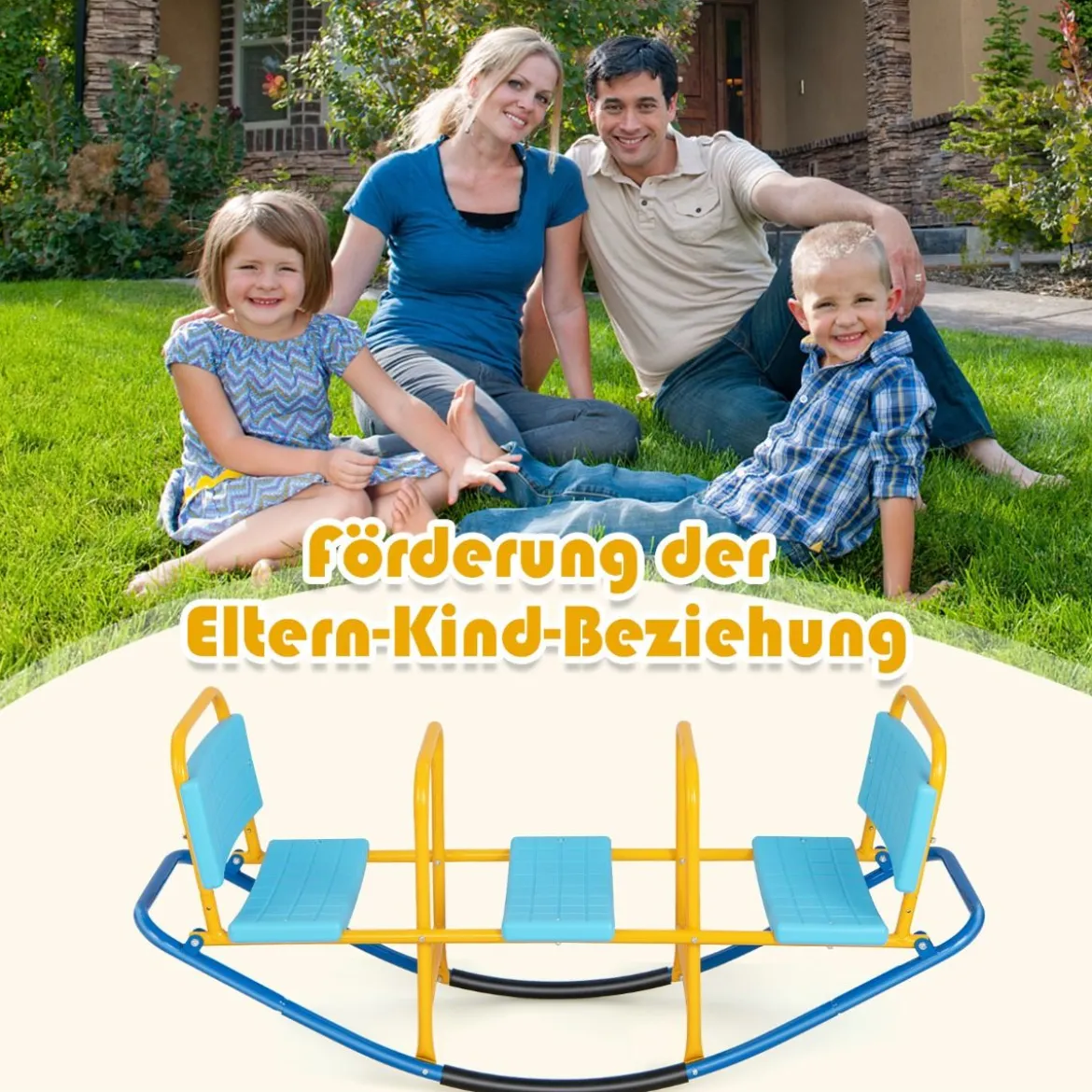 3 Sitzer Schaukelwippe Gartenwippe mit Griffen Kinder Wippe bis 100 kg Belastbar Blau