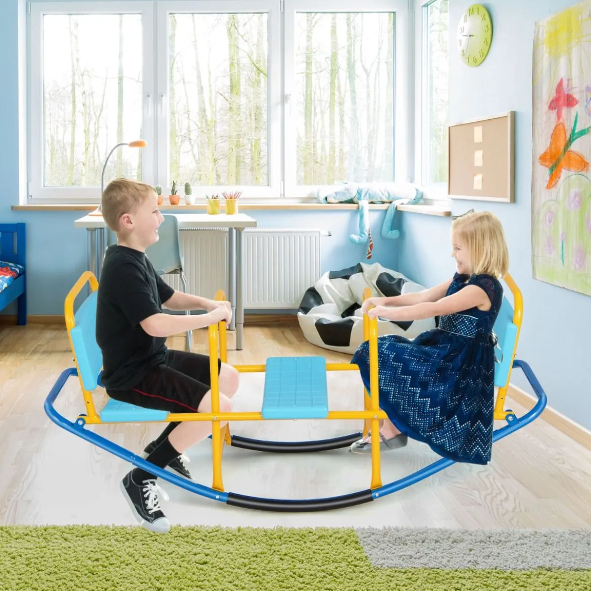 3 Sitzer Schaukelwippe Gartenwippe mit Griffen Kinder Wippe bis 100 kg Belastbar Blau