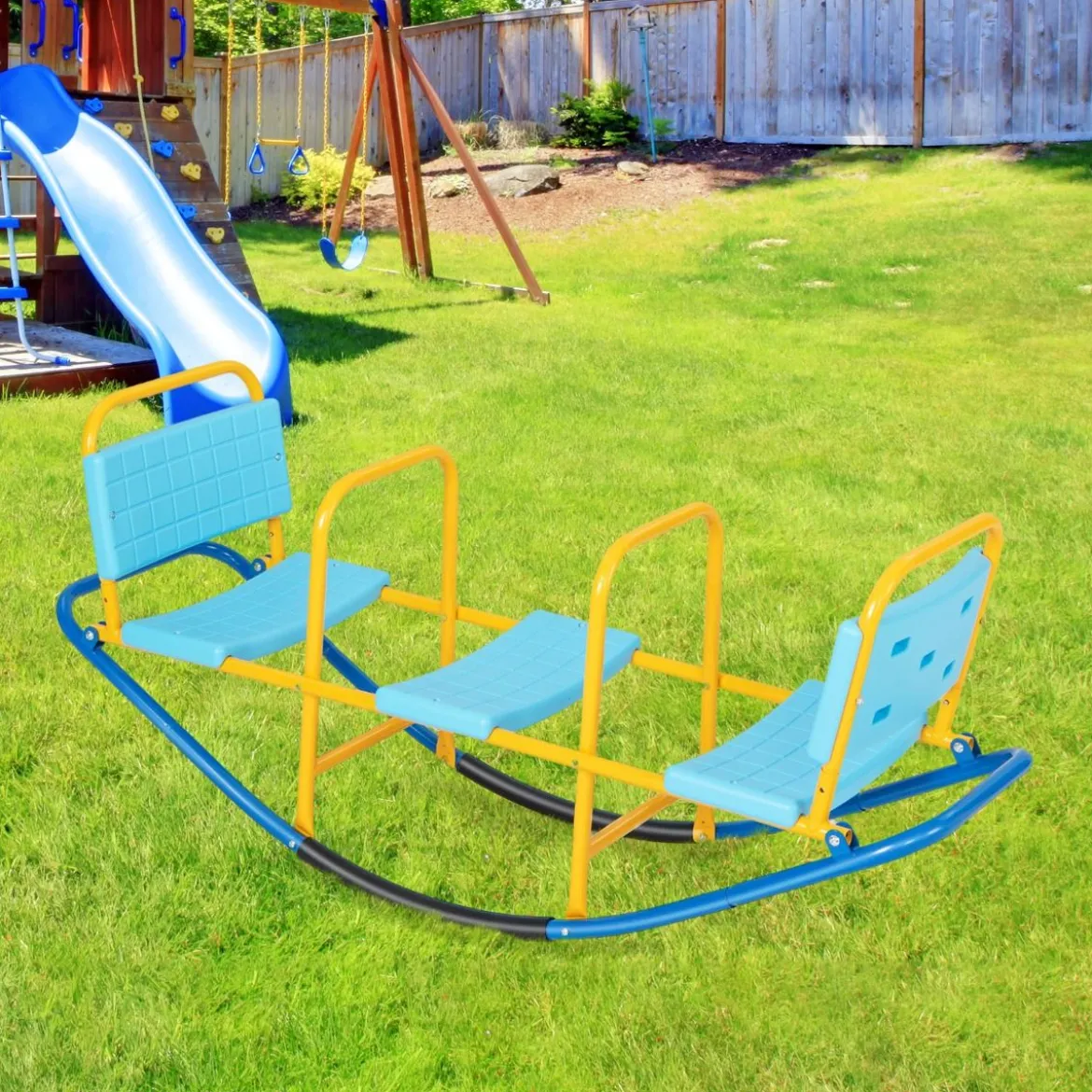 3 Sitzer Schaukelwippe Gartenwippe mit Griffen Kinder Wippe bis 100 kg Belastbar Blau
