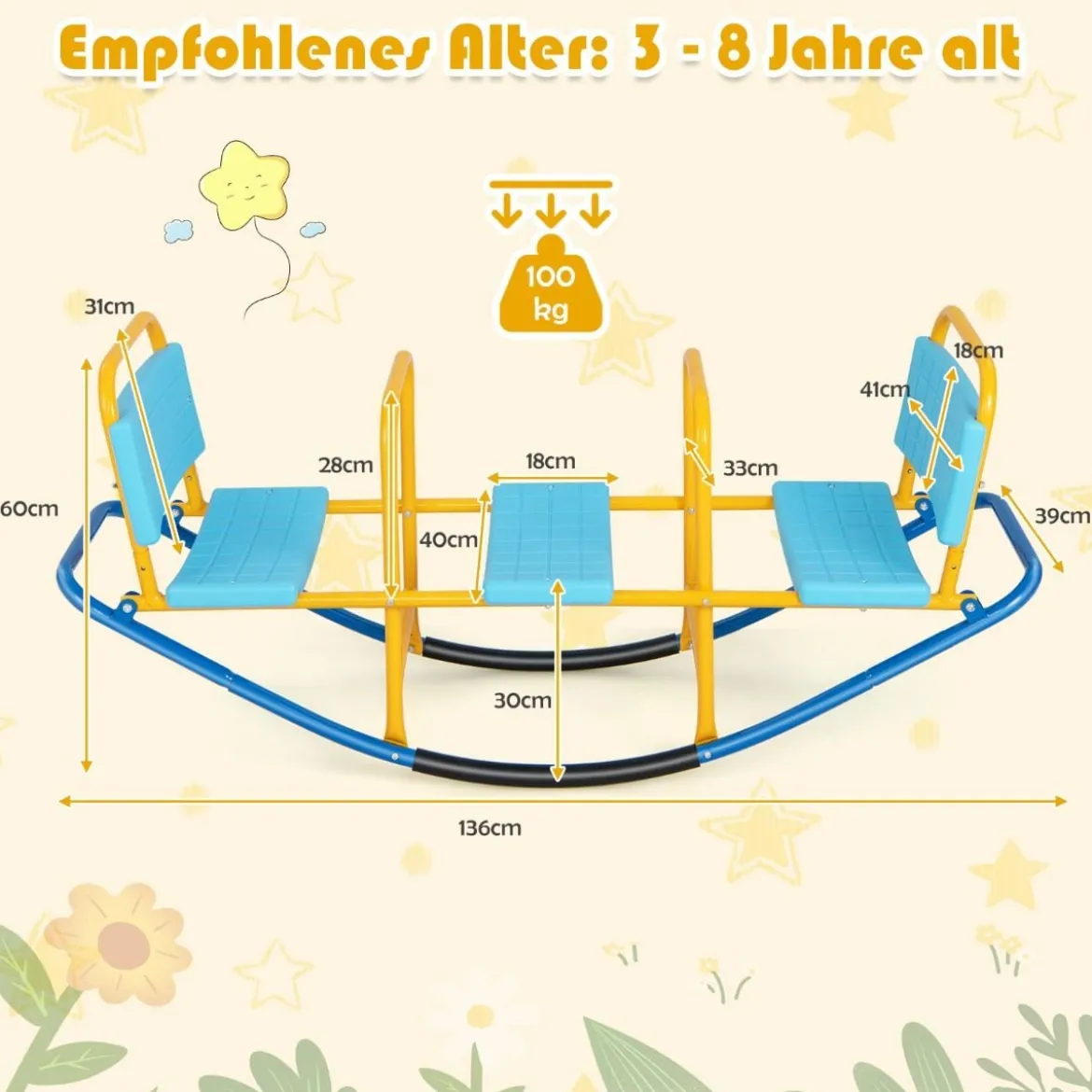 3 Sitzer Schaukelwippe Gartenwippe mit Griffen Kinder Wippe bis 100 kg Belastbar Blau