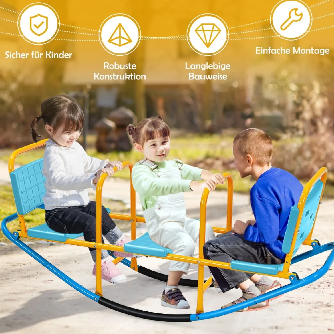 3 Sitzer Schaukelwippe Gartenwippe mit Griffen Kinder Wippe bis 100 kg Belastbar Blau
