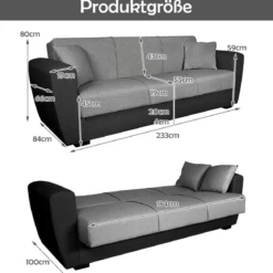 3-Sitzer Schlafsofa Bettsofa mit verstecktem Stauraum Schlafcouch 233 x 84 x 80 cm Grau
