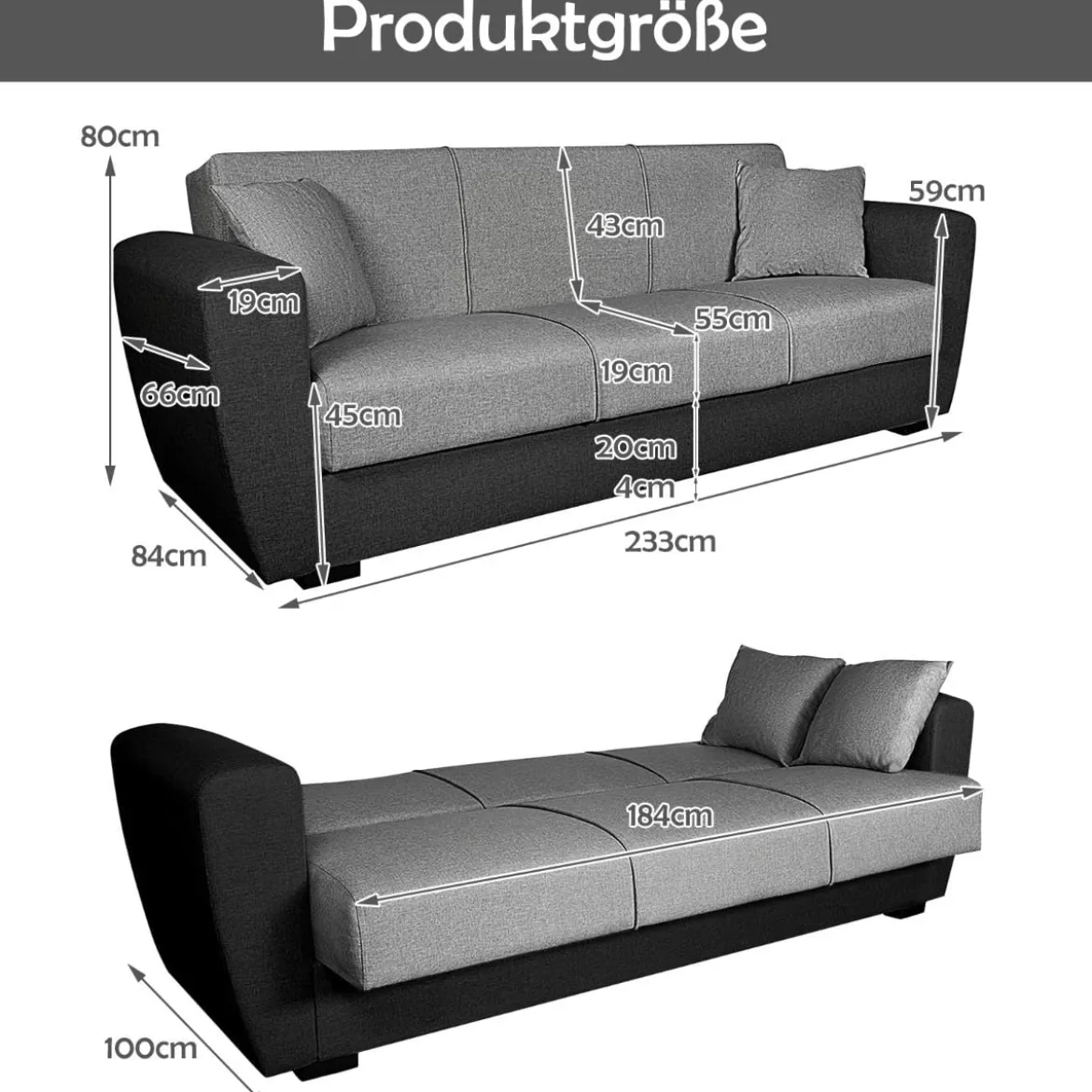 3-Sitzer Schlafsofa Bettsofa mit verstecktem Stauraum Schlafcouch 233 x 84 x 80 cm Grau