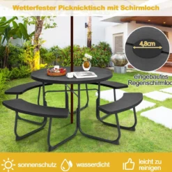 Sitzgarnitur für 8 Personen Picknicktisch aus HDPE mit Schirmloch & 4 Bänken Wetterfester Tisch