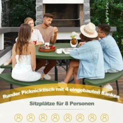 Sitzgarnitur für 8 Personen Picknicktisch aus HDPE mit Schirmloch & 4 Bänken Wetterfester Tisch