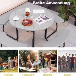 Sitzgarnitur für 8 Personen Picknicktisch aus HDPE mit Schirmloch & 4 Bänken Wetterfester Tisch