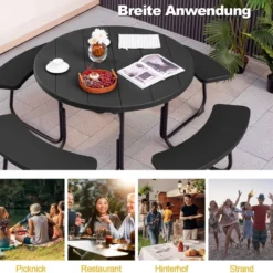 Sitzgarnitur für 8 Personen Picknicktisch aus HDPE mit Schirmloch & 4 Bänken Wetterfester Tisch