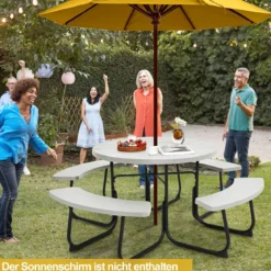 Sitzgarnitur für 8 Personen Picknicktisch aus HDPE mit Schirmloch & 4 Bänken Wetterfester Tisch