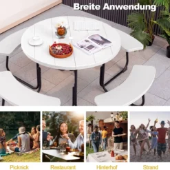 Sitzgarnitur für 8 Personen Picknicktisch aus HDPE mit Schirmloch & 4 Bänken Wetterfester Tisch