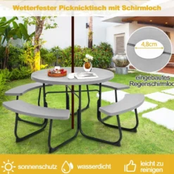 Sitzgarnitur für 8 Personen Picknicktisch aus HDPE mit Schirmloch & 4 Bänken Wetterfester Tisch