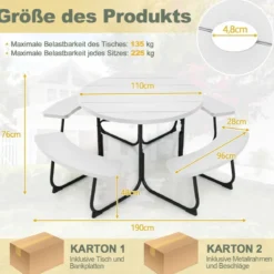 Sitzgarnitur für 8 Personen Picknicktisch aus HDPE mit Schirmloch & 4 Bänken Wetterfester Tisch