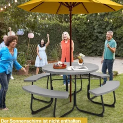 Sitzgarnitur für 8 Personen Picknicktisch aus HDPE mit Schirmloch & 4 Bänken Wetterfester Tisch