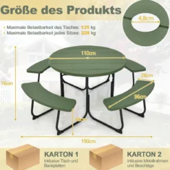 Sitzgarnitur für 8 Personen Picknicktisch aus HDPE mit Schirmloch & 4 Bänken Wetterfester Tisch