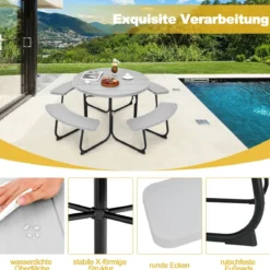 Sitzgarnitur für 8 Personen Picknicktisch aus HDPE mit Schirmloch & 4 Bänken Wetterfester Tisch