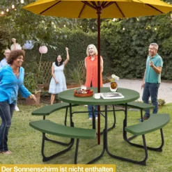 Sitzgarnitur für 8 Personen Picknicktisch aus HDPE mit Schirmloch & 4 Bänken Wetterfester Tisch