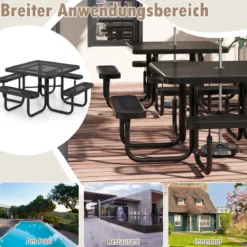 Sitzgarnitur für 8 Personen Picknicktisch mit Schirmloch & 4 Bänken Quadratischer Gartentisch