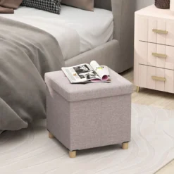 Sitzhocker mit Stauraum Fußhocker aus Leinenstoff mit gepolstertem Deckel & Gummibaumholzbeinen Aufbewahrungsbox für Wohnzimmer 45 x 45 x 45 cm Beige