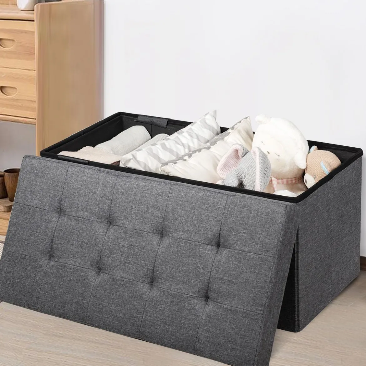 Sitzhocker mit Stauraum Klappbare Sitzbank Schuhbank mit Gepolsterter Sitzfläche Sitztruhe Dunkelgrau