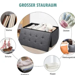 Sitzhocker mit Stauraum Klappbare Sitzbank Schuhbank mit Gepolsterter Sitzfläche Sitztruhe Dunkelgrau