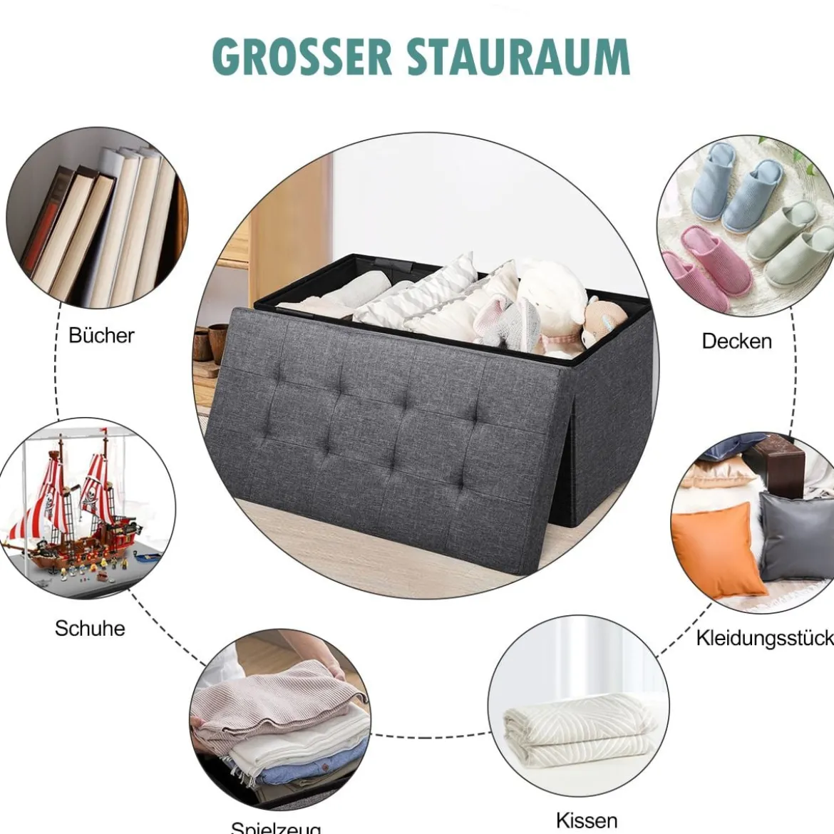 Sitzhocker mit Stauraum Klappbare Sitzbank Schuhbank mit Gepolsterter Sitzfläche Sitztruhe Dunkelgrau