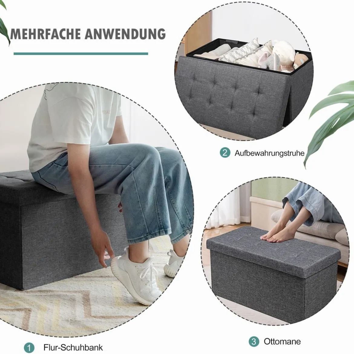 Sitzhocker mit Stauraum Klappbare Sitzbank Schuhbank mit Gepolsterter Sitzfläche Sitztruhe Dunkelgrau