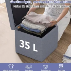 Sitzhocker mit Stauraum 40 x 40cm Fußhocker gepolstert mit Deckel Grau