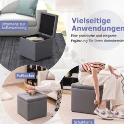 Sitzhocker mit Stauraum 40 x 40cm Fußhocker gepolstert mit Deckel Grau