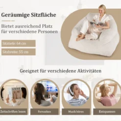 Sitzsack Sessel Bodensessel mit Samtbezug & rutschfestem Boden gepolstertes Bodensofa für Wohnzimmer 124 x 110 x 68 cm Beige