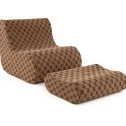 Sitzsack Sessel mit Hocker Sitzsack Erwachsene mit hoch elastischem Schwamm & Teddy-Samtbezug Bean Bag Chair, Bodenstuhl Boden Sessel Braun